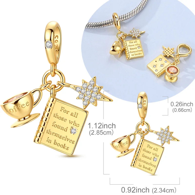 Original 925 Sterling Silver Charm Bead Gold Book Classic Coffee Cup Pendant Fit Original Bracelet For Women DIY Jewelry Gift