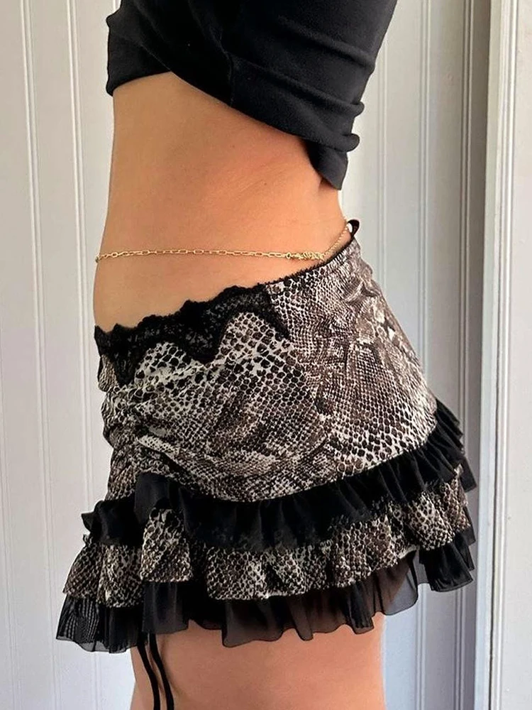 Women Y2K Lace Mini Skirt Summer Leopard Gingham Ruffle Short Fairy Sexy Low Rise Pleated A-line Skirts Lolita 2000s Streetwear