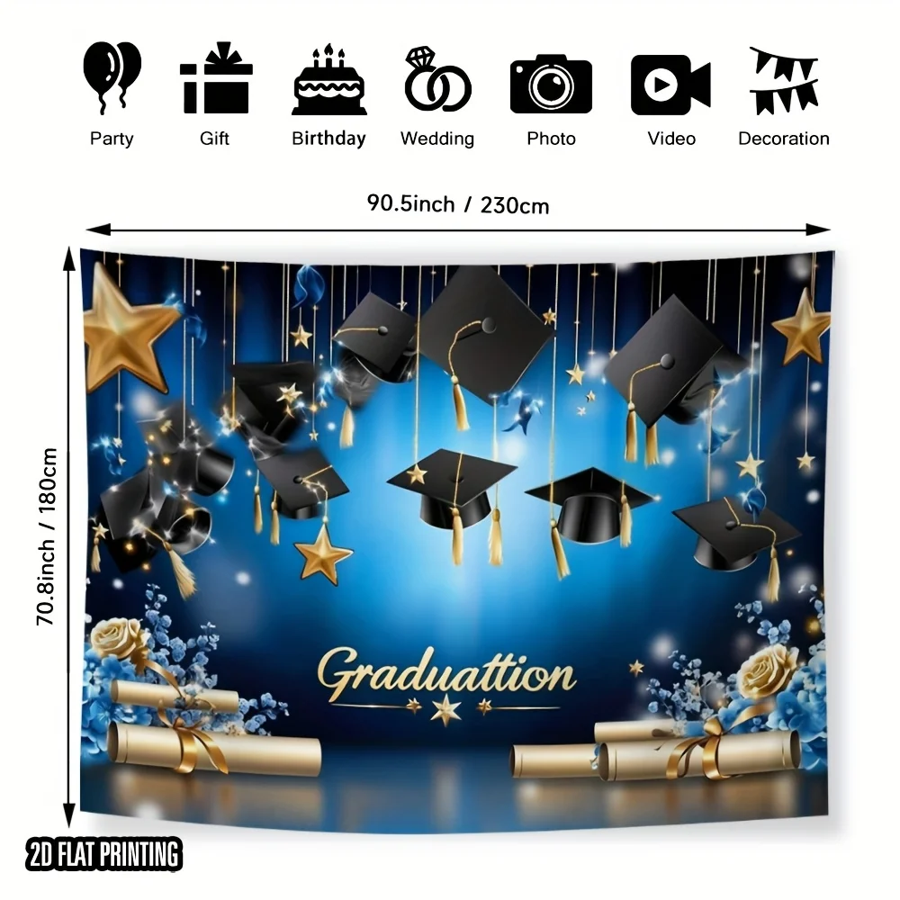 قطعة واحدة من خلفية حفل التخرج - زينة حفلات التخرج باللونين الأزرق والذهبي مع قبعات التخرج #5