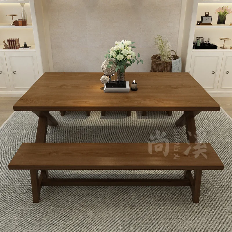 All-solid wood dining table and chair combination living room log dining table rectangular household long table American