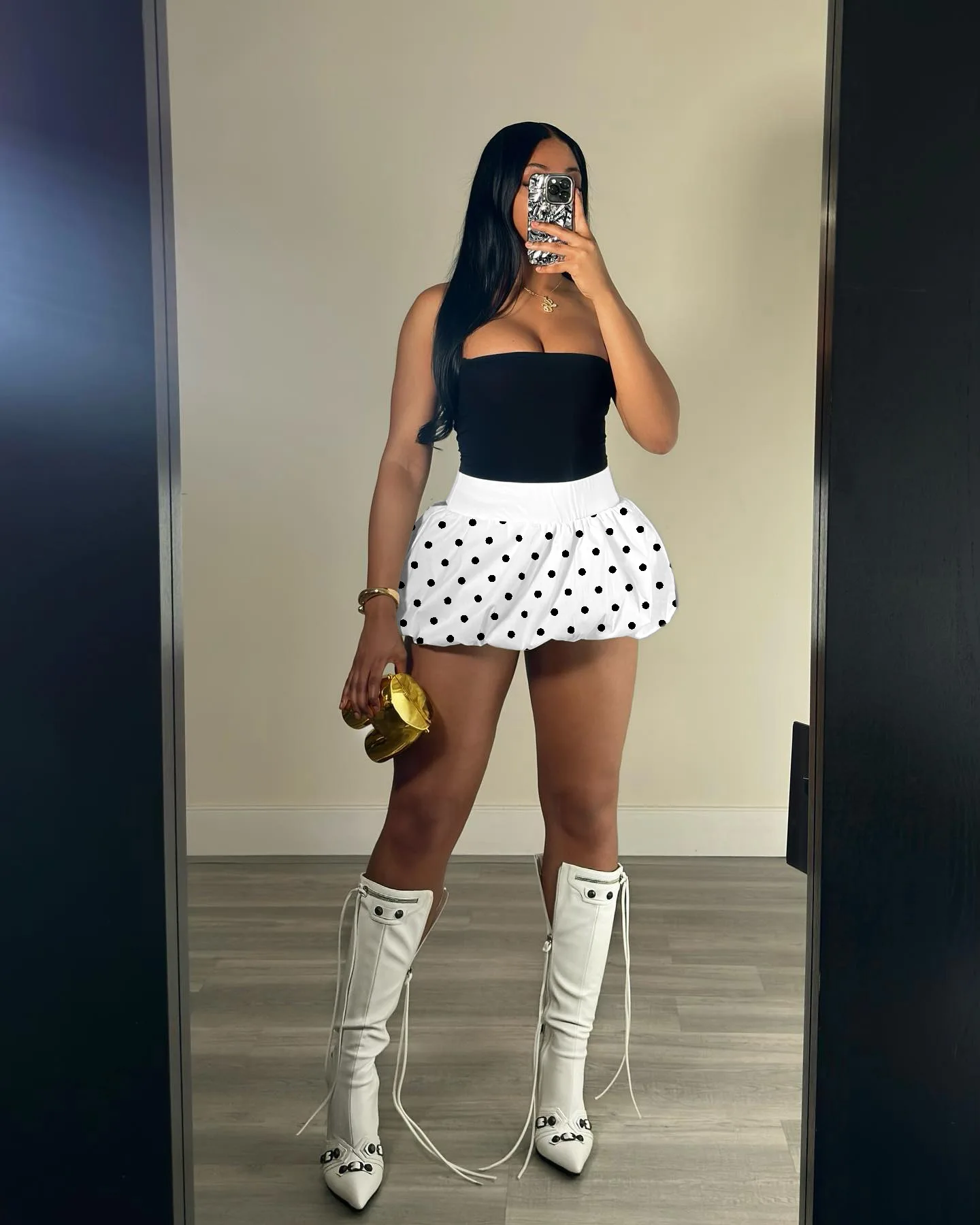 Stylish Lady Polka Dot Bubble Mini Skirt 2026 Summer Women High Waist Ruffled Sexy Club Party Flare Skirt