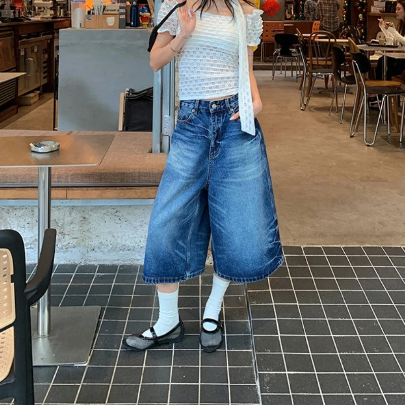 

Wide Leg Pants Jeans Women Vintage Denims Knee Length Mid Waist Washed Distressed Pockets Female Shorts Streetwear Summer 2025