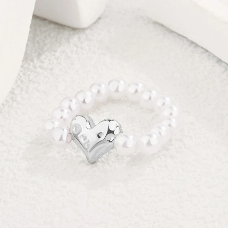 Imitation Pearl Beaded Stretch Finger Rings For Women Girl Korean Fashion Sweet Heart Fashion Jewelry Accessories Gift Party