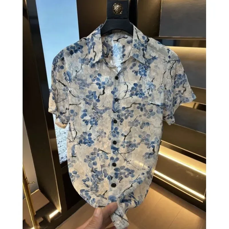 Men's Short Sleeve Shirt Blue Floral Print Button Down Casual Fashion Lightweight Summer Shirt