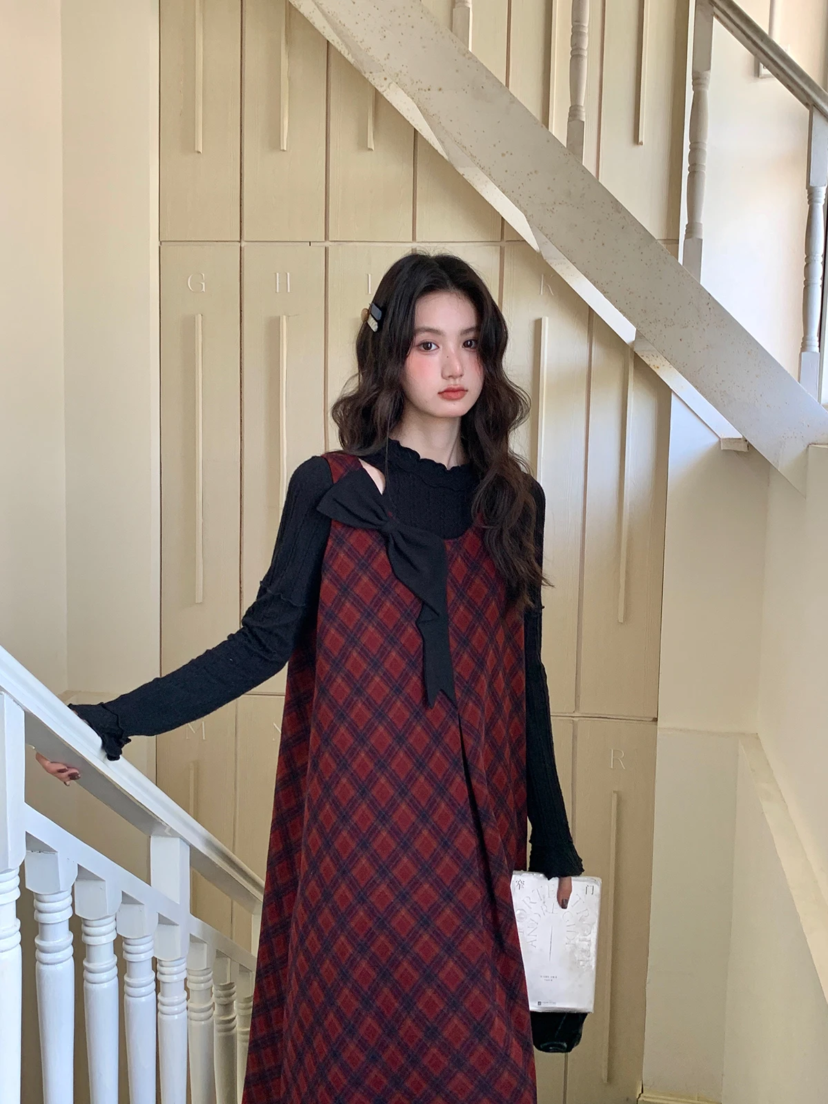 

Slimming Large Size Retro Plaid Strap Dr Autumn Winter Layering Vintage Feel Women's Skirt A-Line Midi Dr Casual Wear