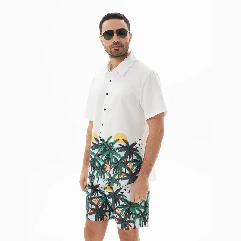 2025 Summer New Hawaii Fashion Urban Short sleeved Shirt Street Trendy Versatile Casual Loose Printed Beach Style Two Piece Set