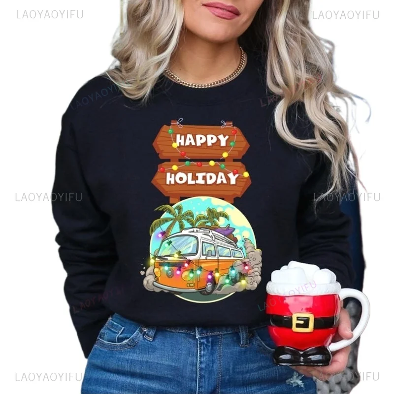 

Happy Holiday Sweatshirt Tropical Christmas Crewneck Hoodie Beach Van Holiday Shirt Retro Vacation Xmas Top Unisex Jumper