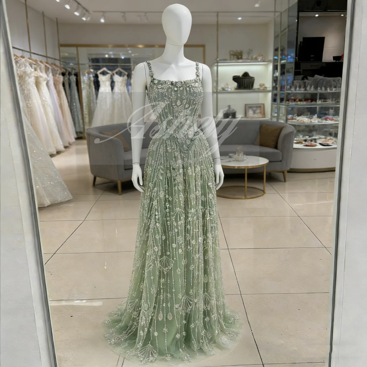 

Charming Sage Prom Dresses Women Spaghetti Strap Beads A Line Full Length Formal Evening Wear Wedding Guest Party GownCustomized