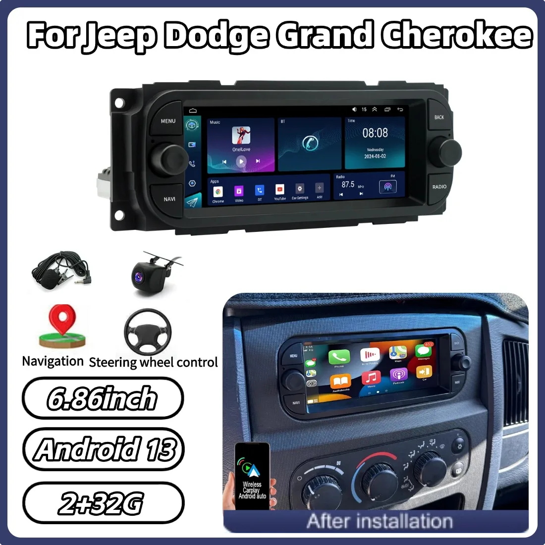 

6,86-дюймовая автомобильная магнитола 2+32 ГБ с CarPlay, GPS, Wi-Fi, Bluetooth для Jeep Dodge Grand Cherokee, мультимедийный плеер на Android 13