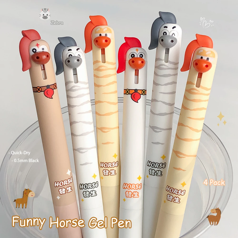 

4 Pack Funny Horse Gel Pens 0.5mm Fun Quick-Drying Pens Cute Animal Design for School Study & Office Work