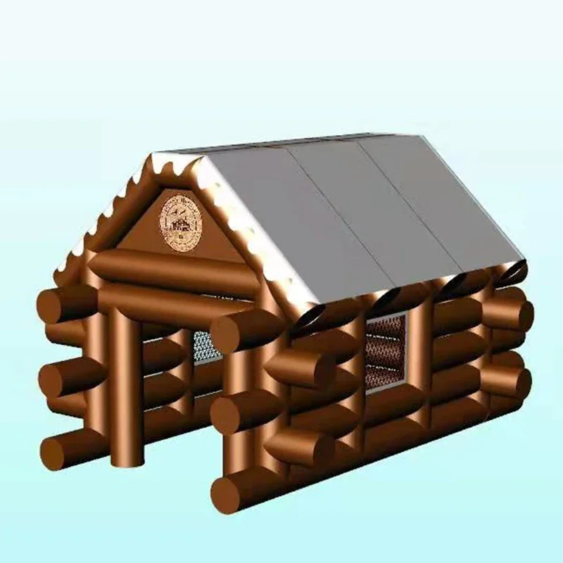 Tente gonflable marron avec toit blanc, cabane en rondins, maison d'hiver, pavillon de ski extérieur, pub irlandais, bar pour la publicité d'événements de fête