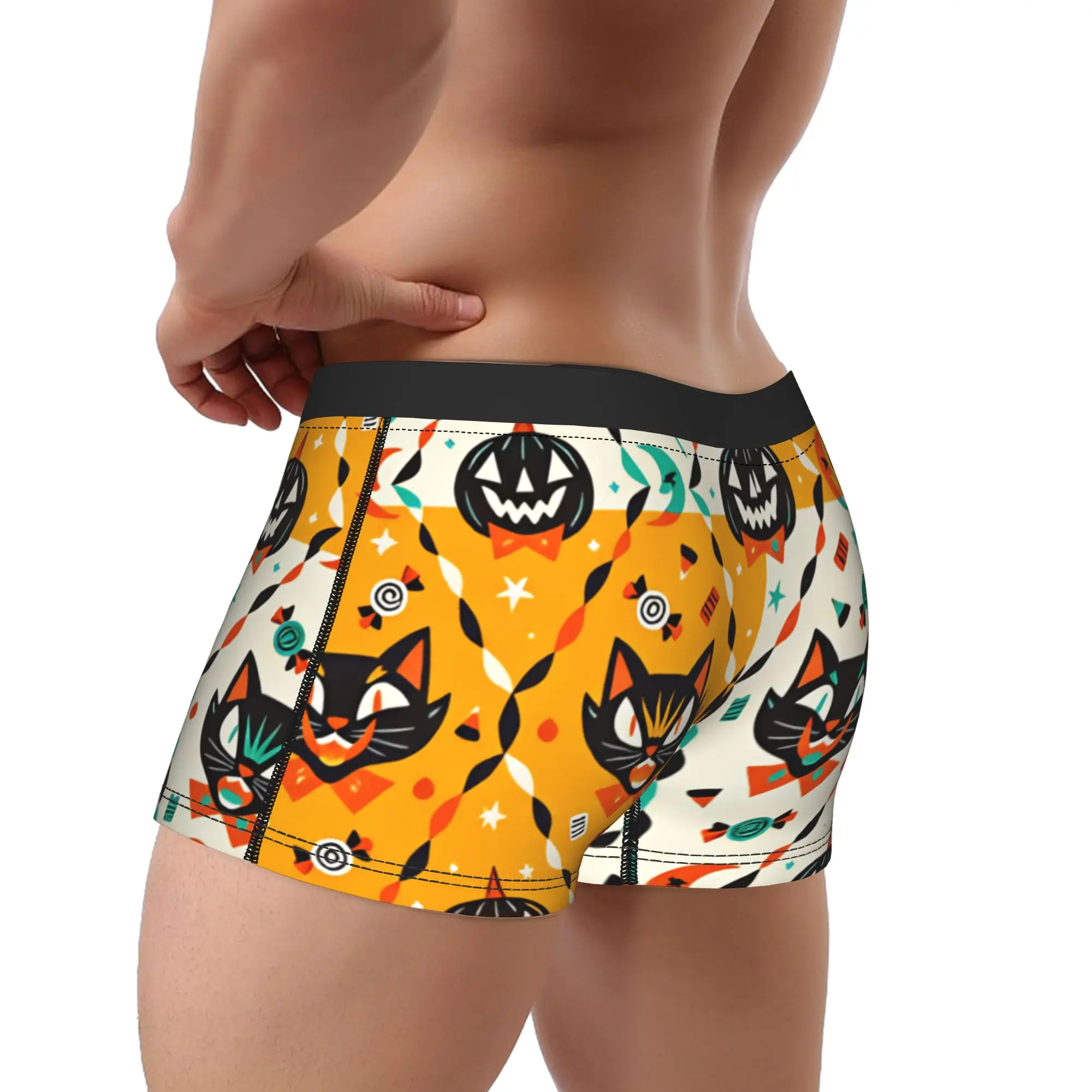 Halloween Retro Black Cat Pumpkin Candy Seamless Pattern Underwear  Men Boxer Brief Breathable Boxer Shorts Plus Size Underpants