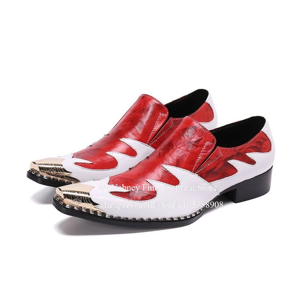 Luxury Red White Flame Pattern Metal Toe Men Loafers Leather Block Heel Slip on Dress Shoes Business Party Wedding Formal Shoes