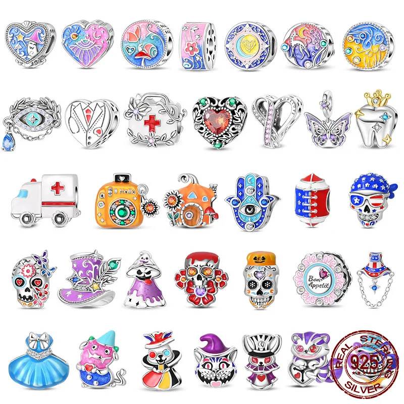 

925 Sterling Silver Pumpkin Carriage Skull Totoro Magic Hat Romantic Camera Original Fit Bracelet DIY Jewelry Making Women Gift