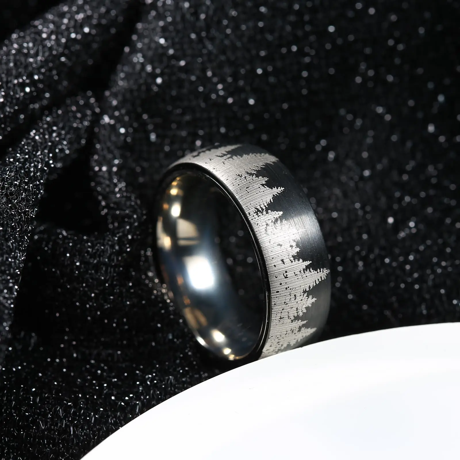 8mm Mens Wedding Band Tungsten Titanium Black  Forest Promise Rings For Him Fashion Mountain Engagement Band Comfort Fit