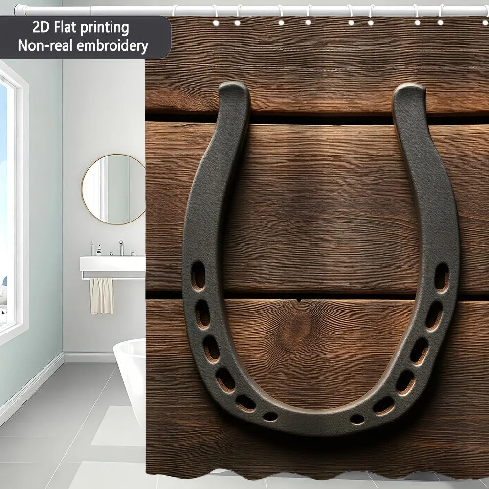 Rustic Wood Horseshoe Design Shower Curtain Waterproof Bathroom Curtain Decoration Farmhouse Style Shower Screen 180x180cm