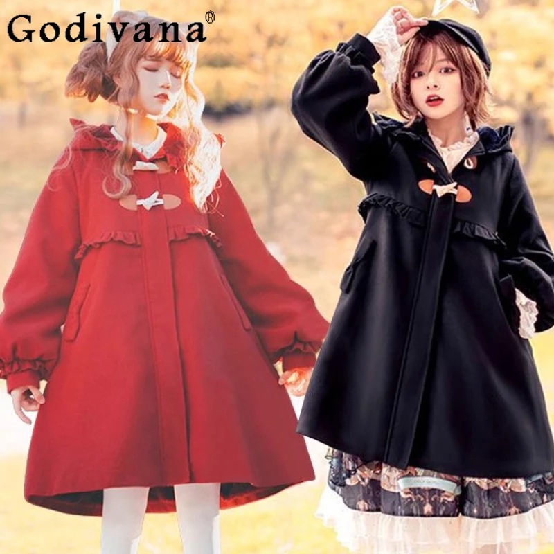 

Original Lolita Red Black Long Coat Autumn Winter New Girl's Women's Warm Thick Loose Elegant Hooded Woolen Jackets Overcoat