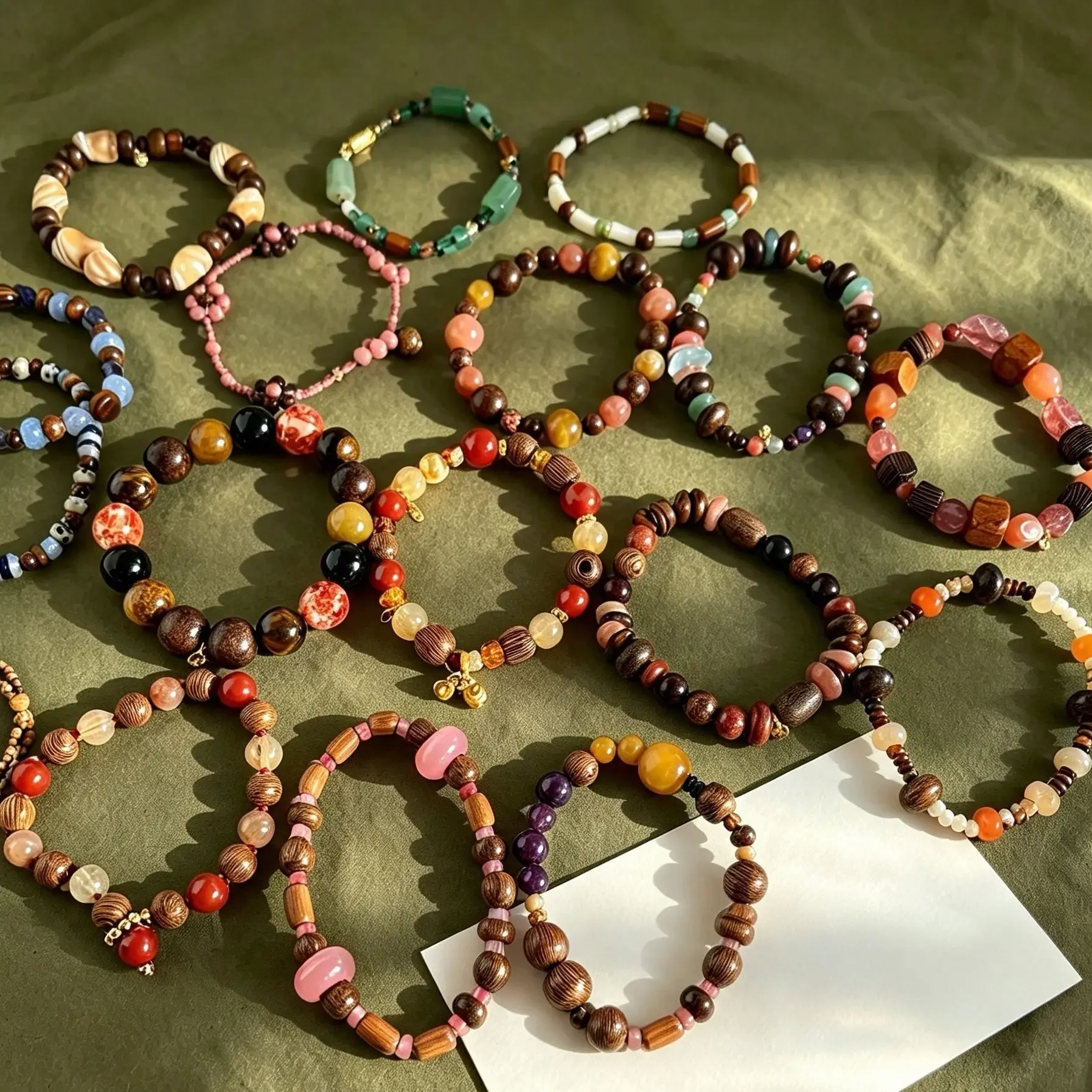 Vintage Natural Stone Wood Bead Bracelet Mixed Gemstone Wooden Beaded Stretch Bangle Boho Ethnic Stackable Women Jewelry