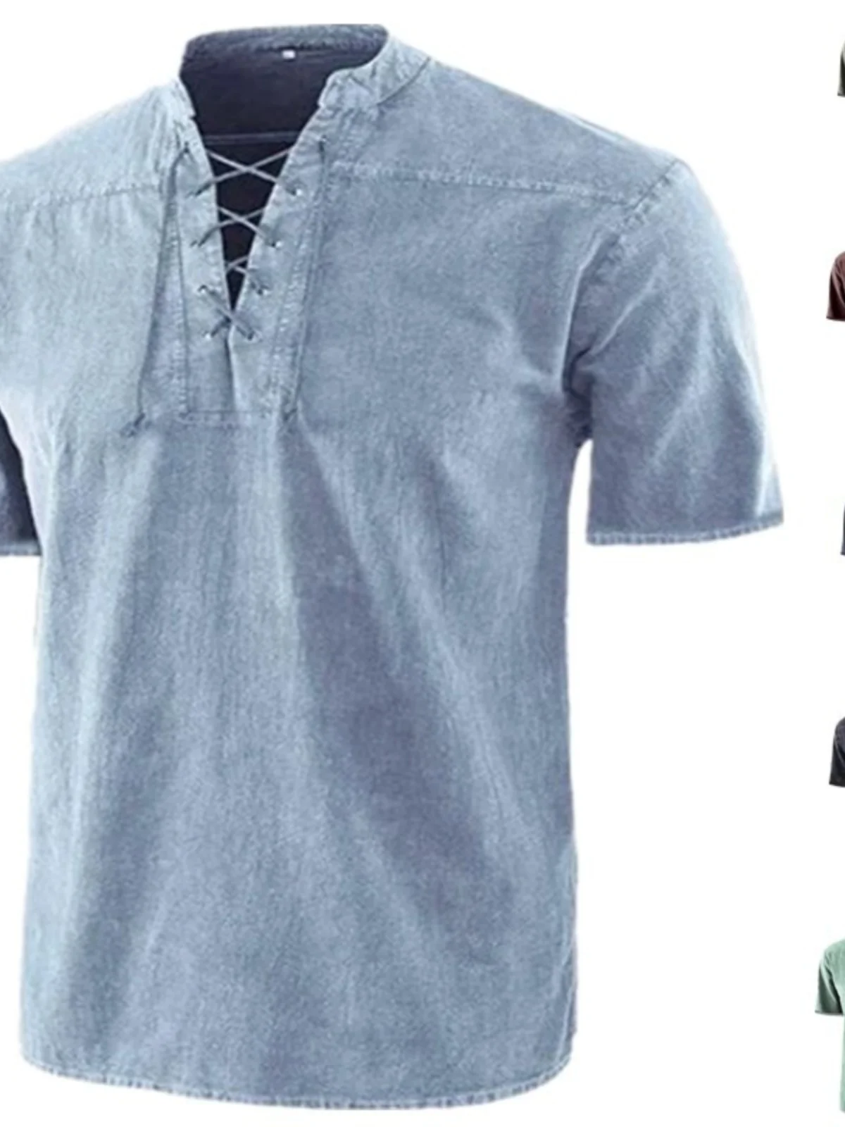 

Casual Pure Color Retro Rope Belted Stand Collar ort Sve irt Breathable Loose Fit Youthful Printed 3D Effect T-irt