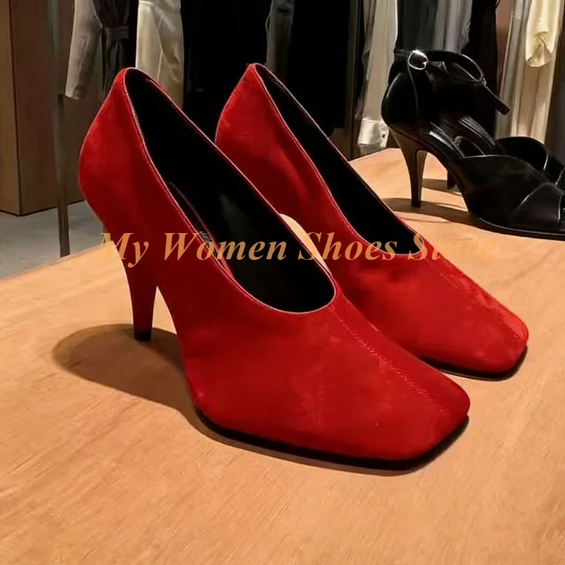 

Red Suede Slip On Pumps Square Toe Slip On Runway 2026 Summer Spring Women Dress Shoes Thin High Heel 2026 New Arrival Shoes