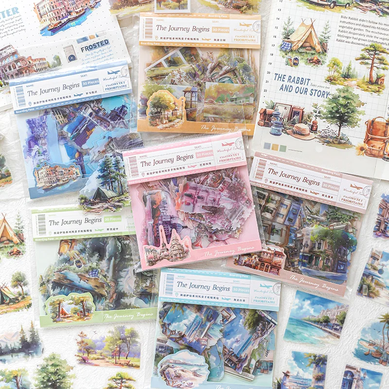 Yoofun 30pcs/lot Journey Begins Vintage Landscape Collage Decor PET Sticker Creative DIY Journal Card Making Labels Stationery