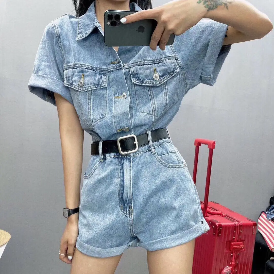 Cargo Overalls Women's 2022 Summer New High Waist Slim Wide Leg Invisible Open Crotch Convenient Denim One-Piece Shorts Jumpsuit