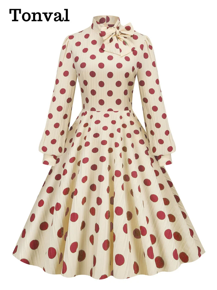 Tonval Bow Neck Bishop Sleeve Vintage Polka Dot Print Elegant Midi Dress 2023 Spring Fall Outfits Women 50s Retro Pocket Dresses