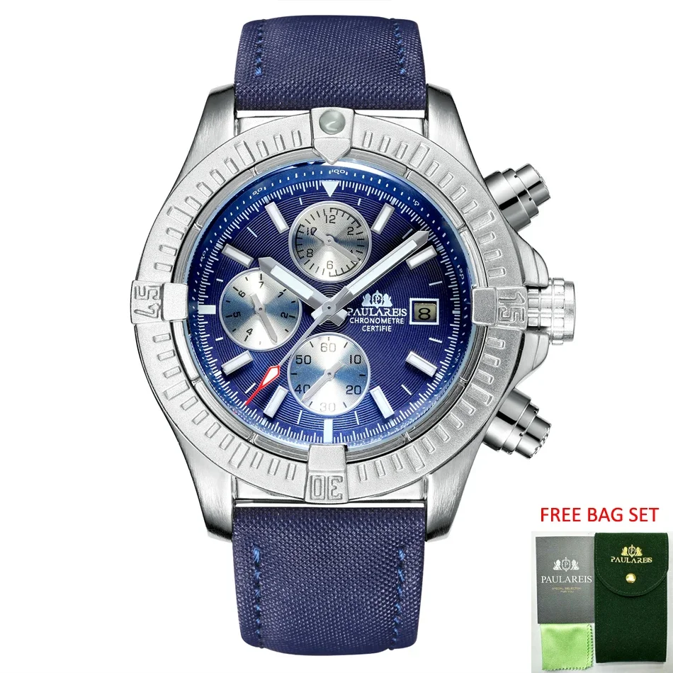 Automatic Watches for Men Mechanical Self Wind Canvas Genuine Blue Leather Multifunction Date Luminous Reloj Hombre Baratos