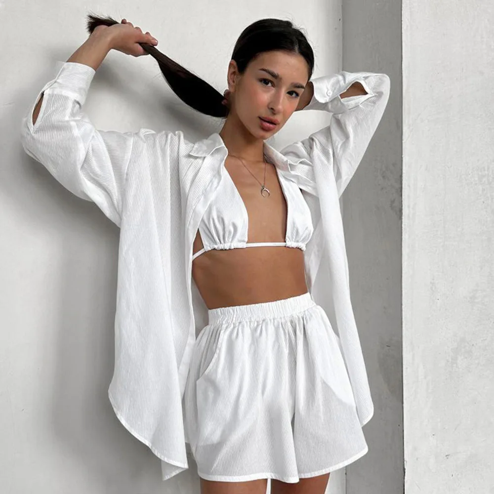 

2025 Spring And Summer Underwear Shorts Long-sleeved Shirt Three-piece Set Fashion New Cotton Pajamas Casual Home Clothes