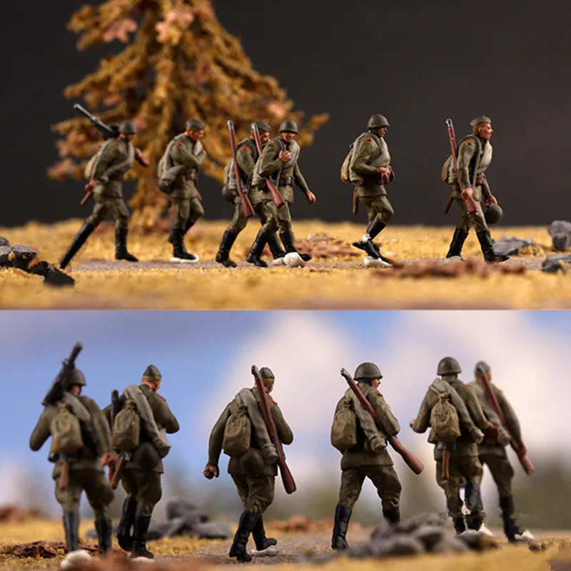 Modelo em escala 1:72, 6 peças, exército vermelho soviético, março andando, 6 soldados, figura de ação, brinquedos, acessório de cena, coleção de exibição de bonecas