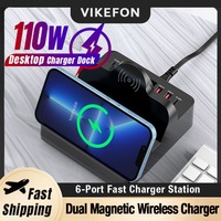110W Fast Charging Station 6-Ports USB PD QC3.0 Chargers Port Socket Dual Wireless Charging for Phone Laptop Tablet Quick Charge