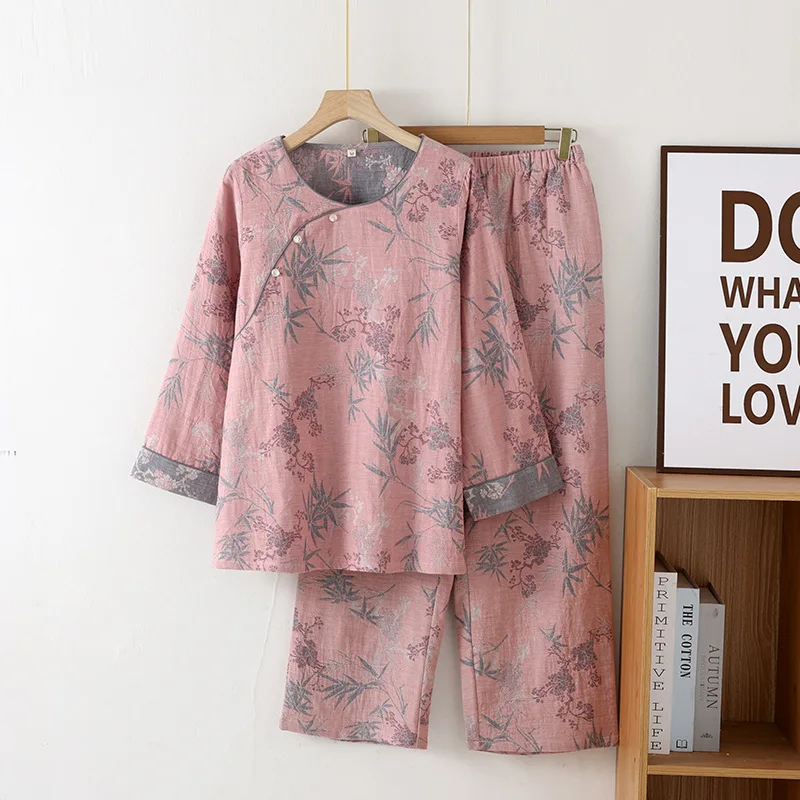 Jacquard Cotton Double-layer Gauze Chinese Women's Homewear Soft Spring Summer Long-sleeve Pullover Pants Lace Pajama Clothes