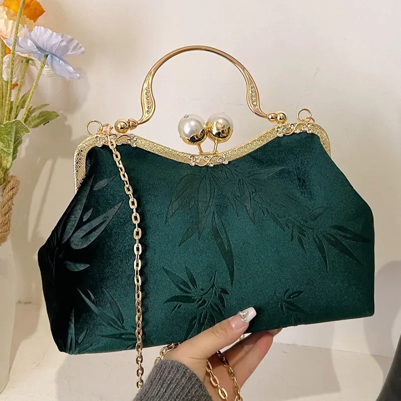 New Women Designer Green Chain Crossbody Bags Western Style Embroidered Taxture Shoulder Bags Retro Corduroy Evening Prom Clutch