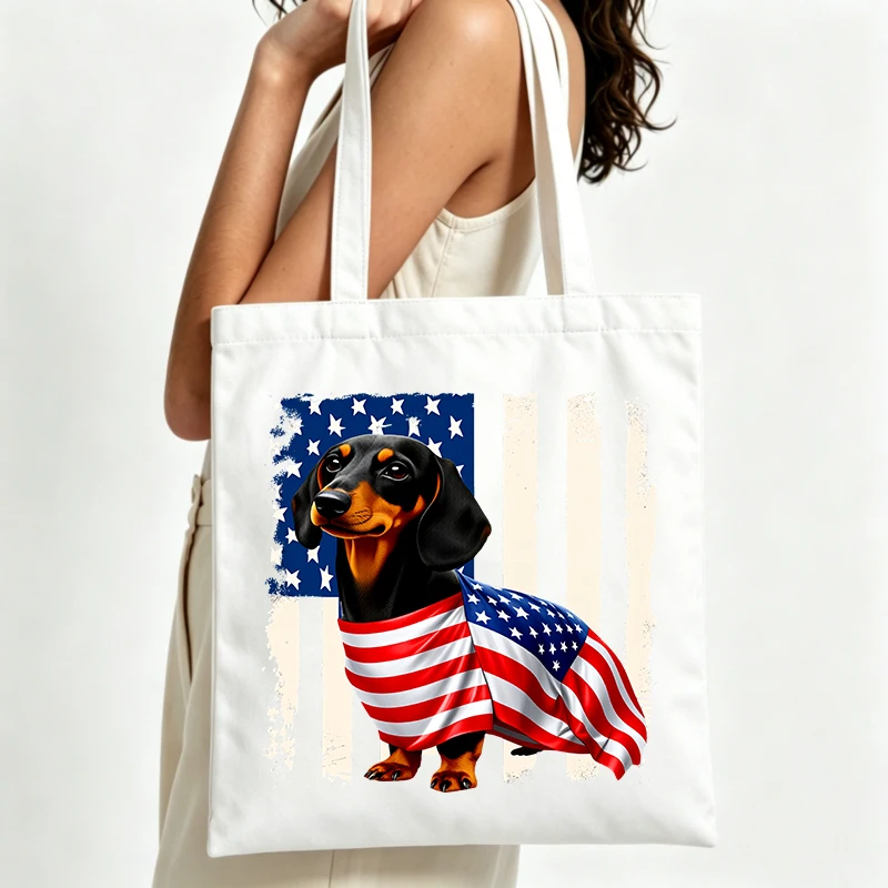 American flag dachshund graphic canvas tote bag, perfect for casual summer outings and daily shopping