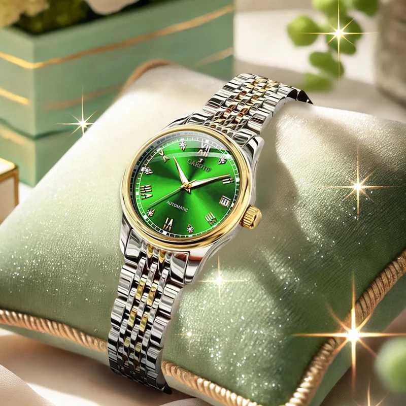 

Женская комната с золотым стальным ремешком Элегантные деловые римские цифры и календарь Автоматические механические часы