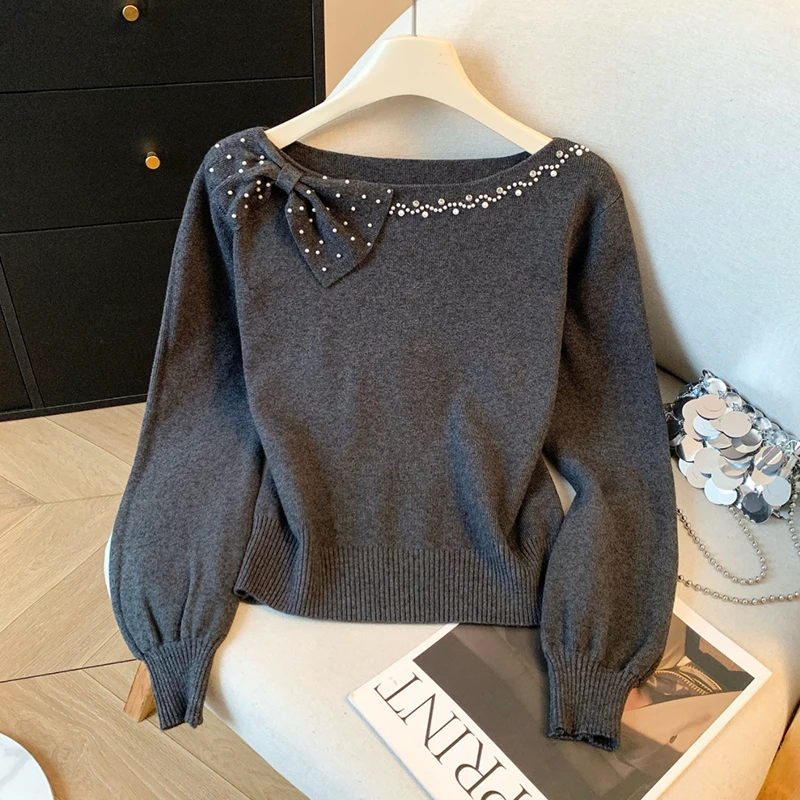

MEXZT Vintage Bow Sweater Women Cropped Beading Knitted Pullovers Korean Black Knitwears Winter Lantern Long Sleeve Jumpers New