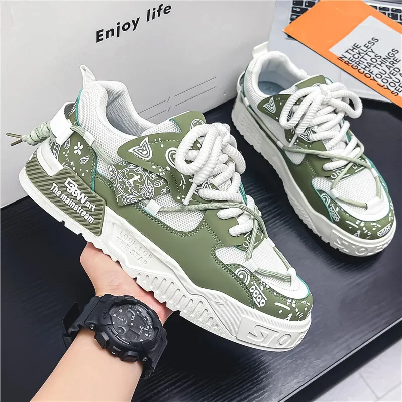 Trendy Wear-Resistant Men's Shoes Sporty Casual Youth Shoes With Thick Sole Student Korean Style Low Top Net Face White Shoes