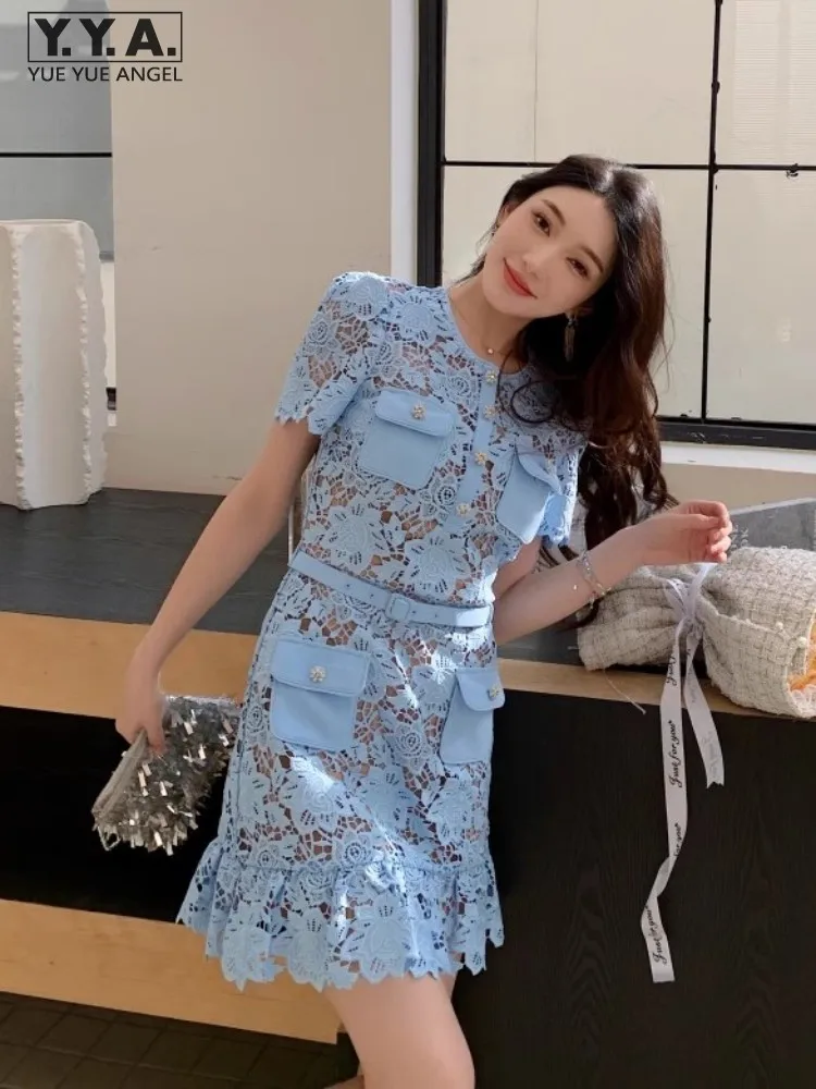 

Elegant Office Ladies Short Sleeve Flower Lace Dress O-Neck Slim Fit High Waist Short Dresses Summer Design Women A-Line Dress