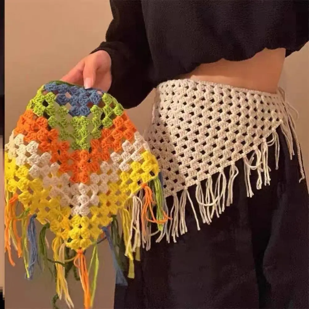 

Bohemian Knitted Fringed Flap Hollowing Out Ethnic Style Tassel Waistbelt Hand-knitted Multifunctional Triangle Back Flap
