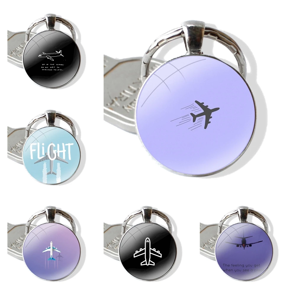 Aircraft Airplane fly patterned Keychain Glass Cabochon Metal Pendant Classic Men's Women's Keyring