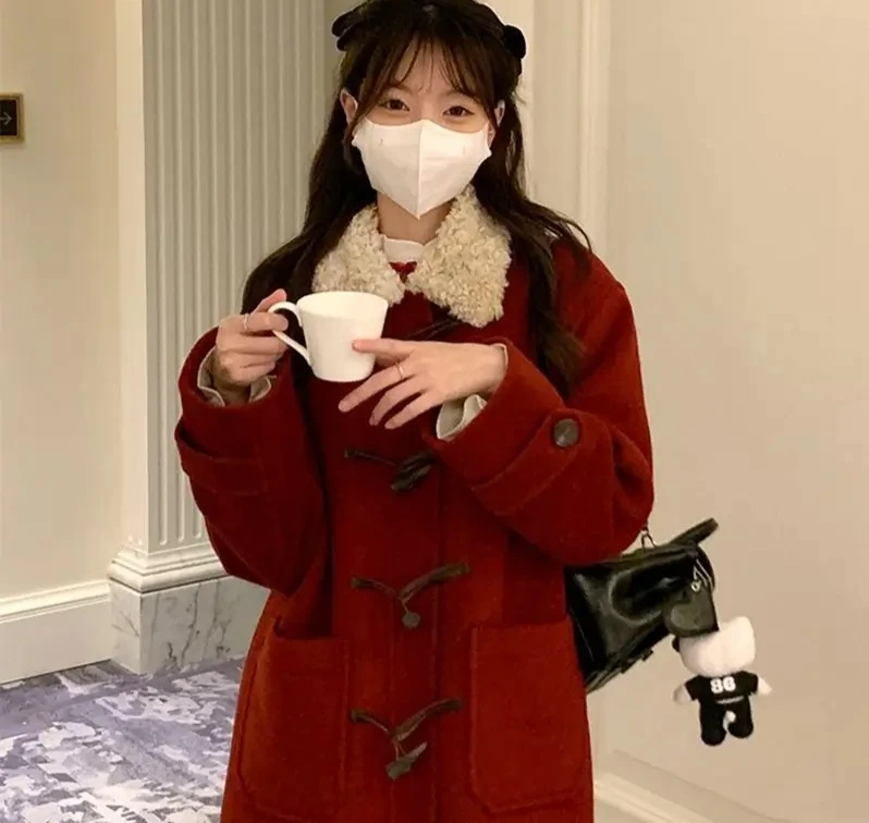 

Красное шерстяное пальто с рождественской тематикой, модный твидовый жакет средней длины с меховым воротником на пуговицах