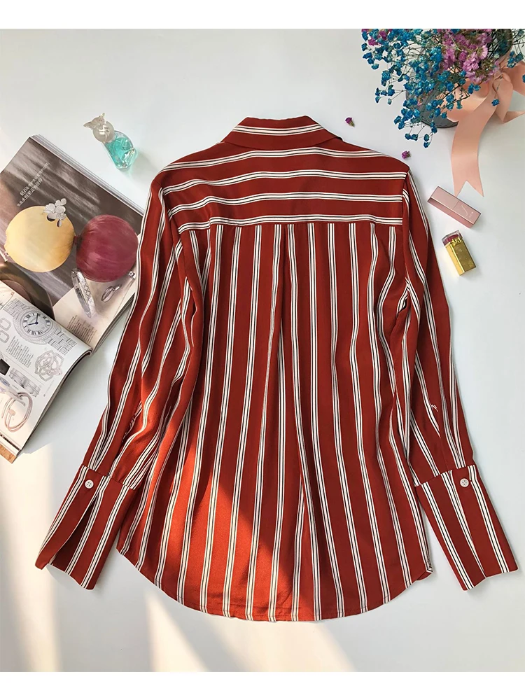 Birdtree 18MM Sandwashed Crepe De Chine 100%Silk Shirt Red And White Stripes French Vintage Square Neck Commuter Top T38070QD