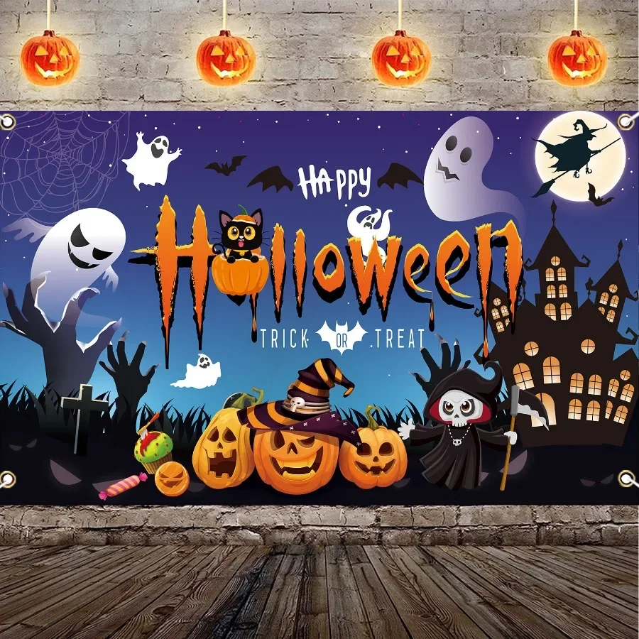 Pumpkin Halloween Background Cloth Horror Witch Holiday Party Decoration Flag Photoshoot Hanging Banners Outdoor Indoor Decor