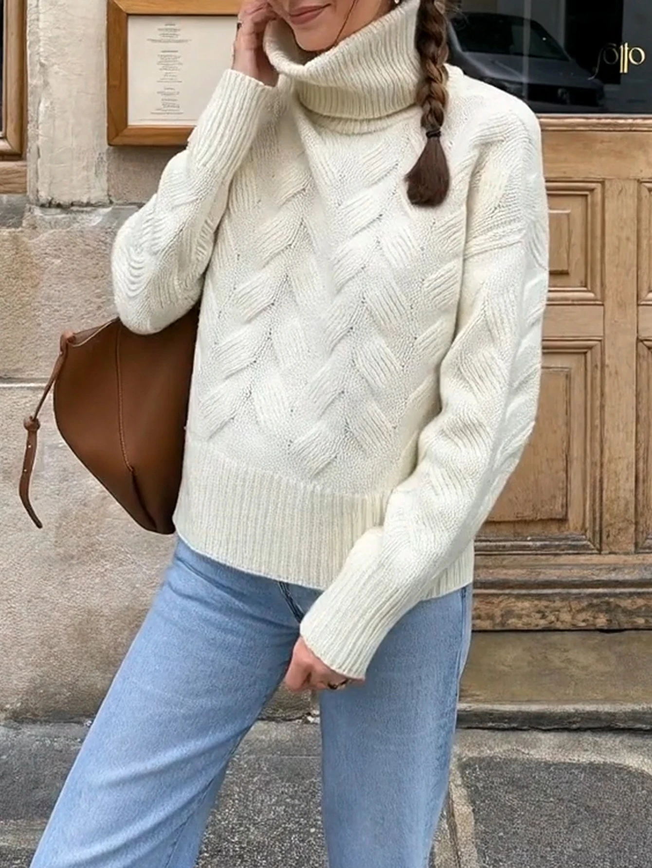 Damski sweter na jesień i zimę, minimalistyczny, jednolity kolor, długi rękaw, golf, codzienna bluzka.