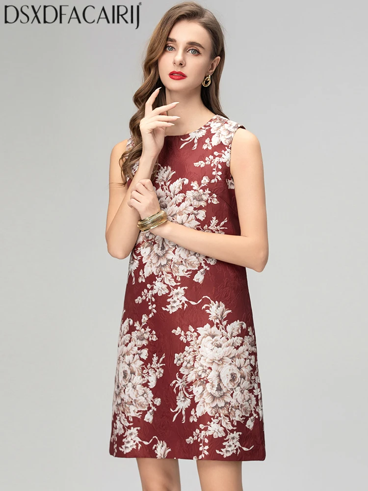 DSXDFACAIRIJ فستان نسائي قصير بدون أكمام برقبة دائرية وطباعة عتيقة فساتين أزياء الخريف #4