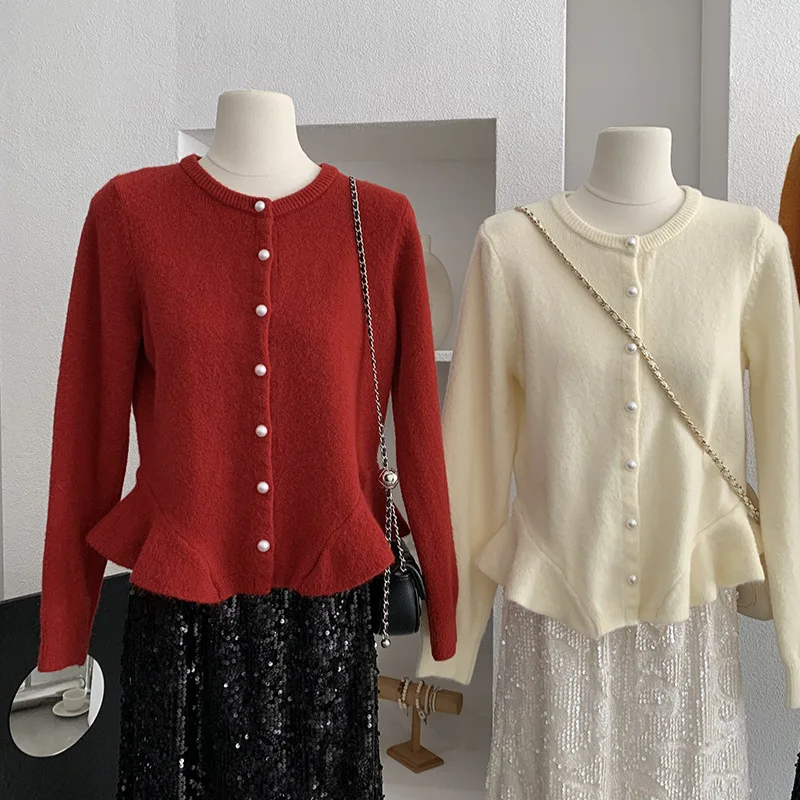 

Ele красный вязаный длинный светящийся женский свитер, кардиган, весна-осень-зима, новое нежное трикотажное пальто с рюшами