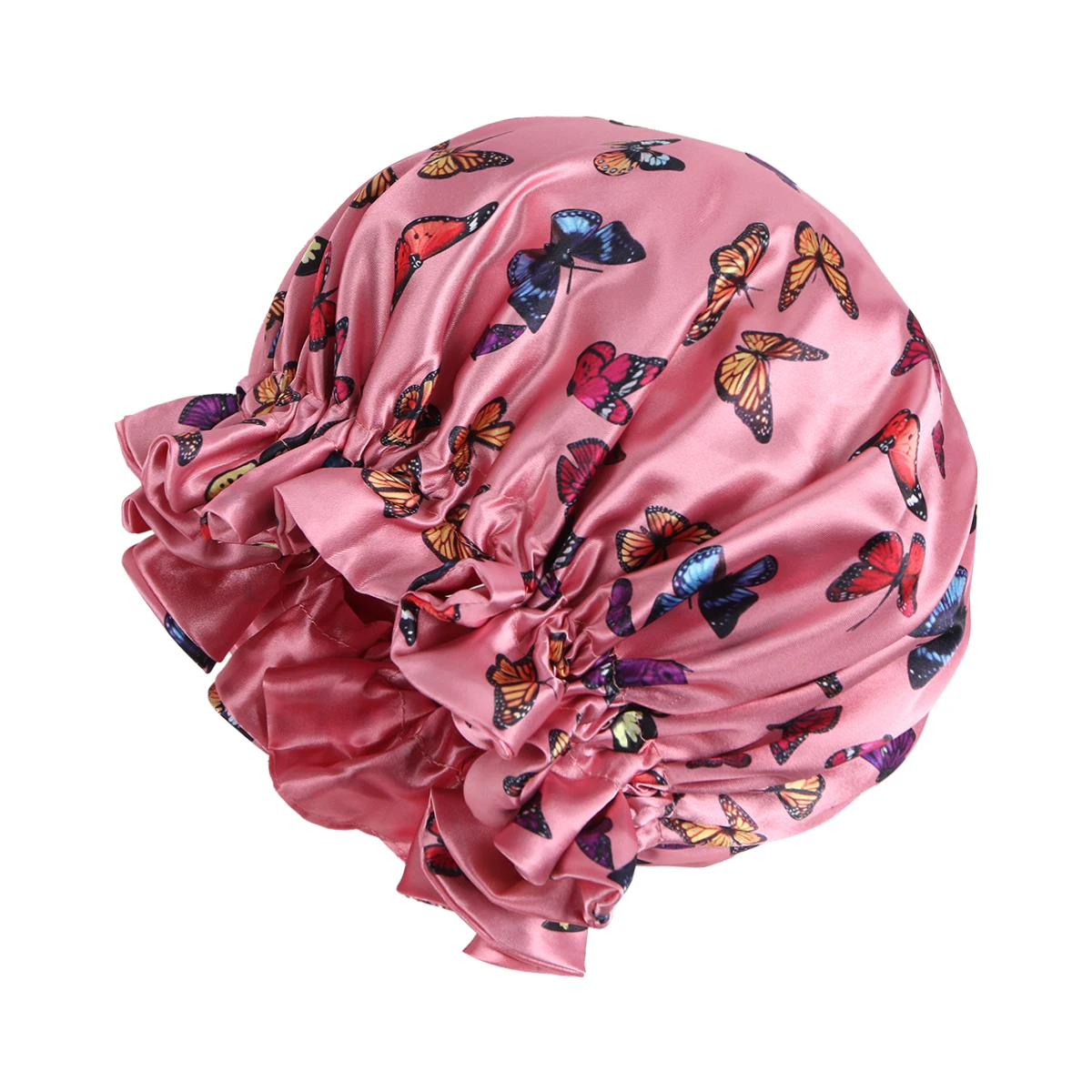 Rosa Schmetterling, doppellagig, verstellbar, Satin-Mütze, Haarschutz, Jungfrau-Schlafmütze für Frauen und Mädchen – Detail 2