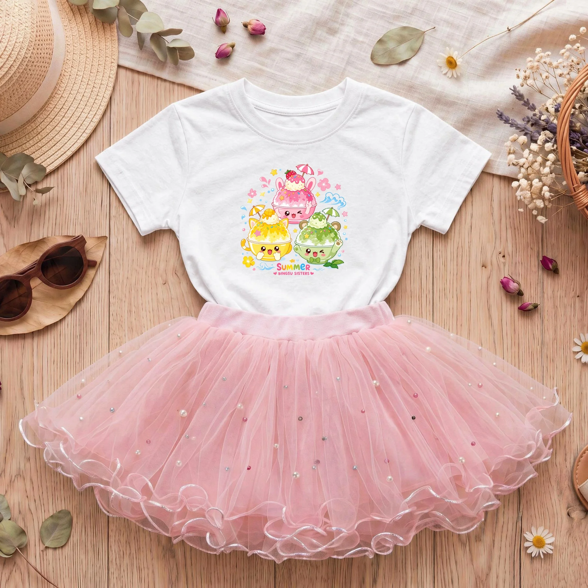 2-teiliges Outfit-Set für Kleinkinder, Mädchen, niedliches Sommer-Smoothie-Cartoon-Print-T-Shirt, gerüschter Tüll-Tutu-Rock, Partykleidung für Kinder, Prinzessinnen