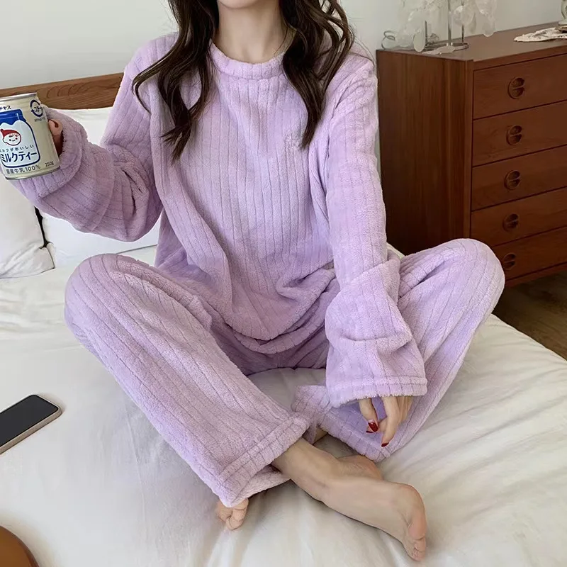 Women's Autumn Winter Flannel Pajama Set Korean Style Striped Cozy Sleepwear Fleece Lined Thick Homewear