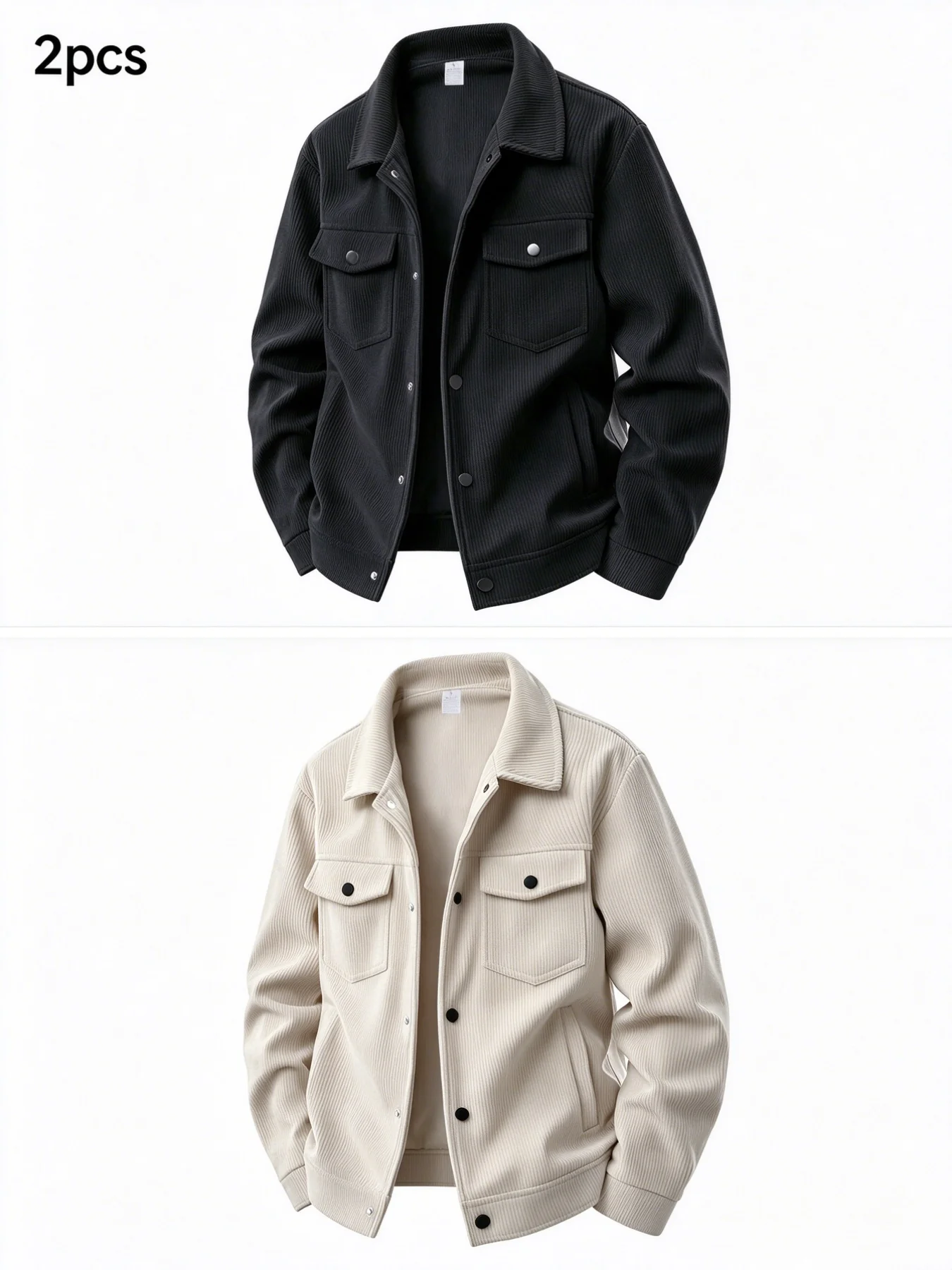 2Pcs Men Corduroy Lapel Jacket, Casual Solid Color Button Down Work Coat, Long Sleeve Outerwear for Daily Street Wear